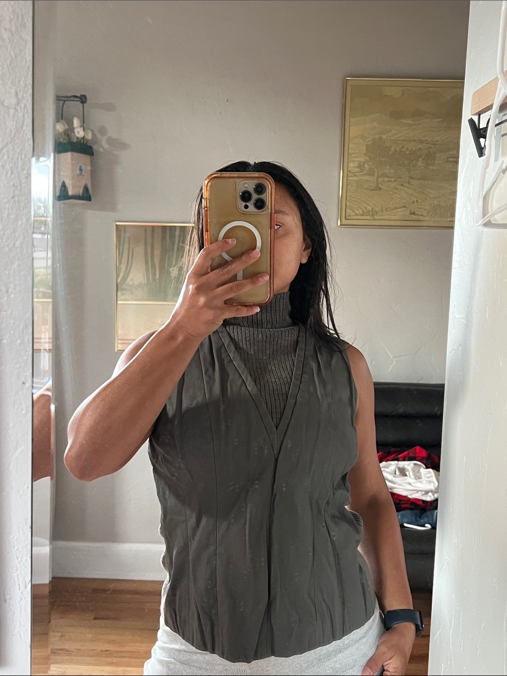 Theory grey Layered V-Neck Sleeveless Knit Top/ wool/lamb leather